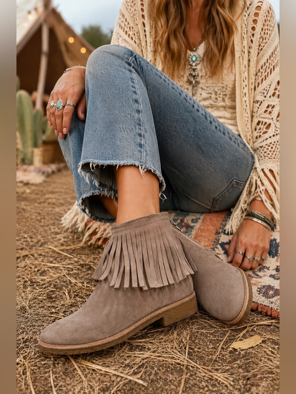 Kate Spade Fringe Suede Ankle Booties Taupe Boho Western Festival Boots 7.5